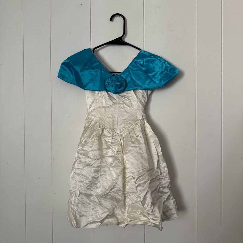 Vintage Handmade Girls’ Party Dress – Ivory & Teal Satin